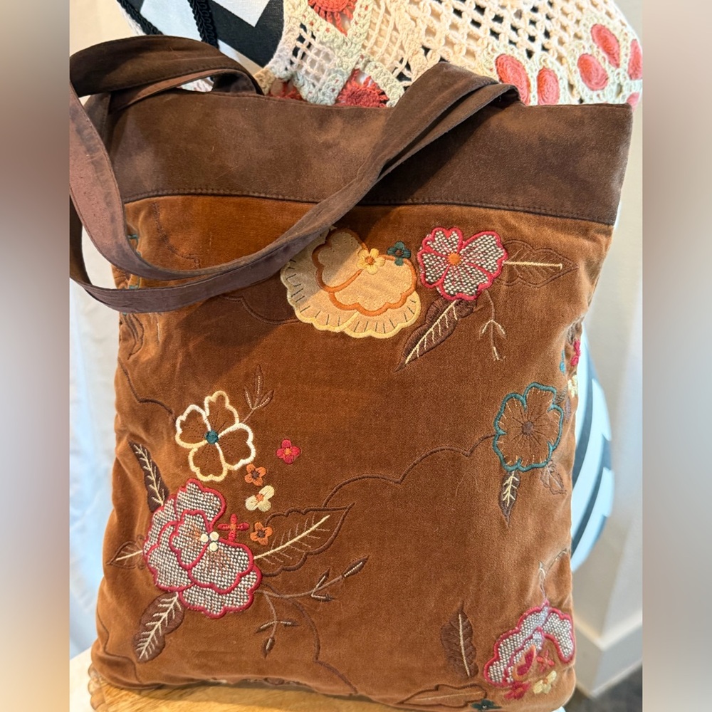 Floral Embroidered Brown Tote Bag